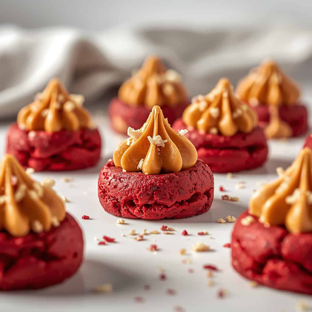 Red Velvet Peanut Butter Blossoms - homemade dish showcasing wholesome fresh ingredients with microgreens and lemon zest