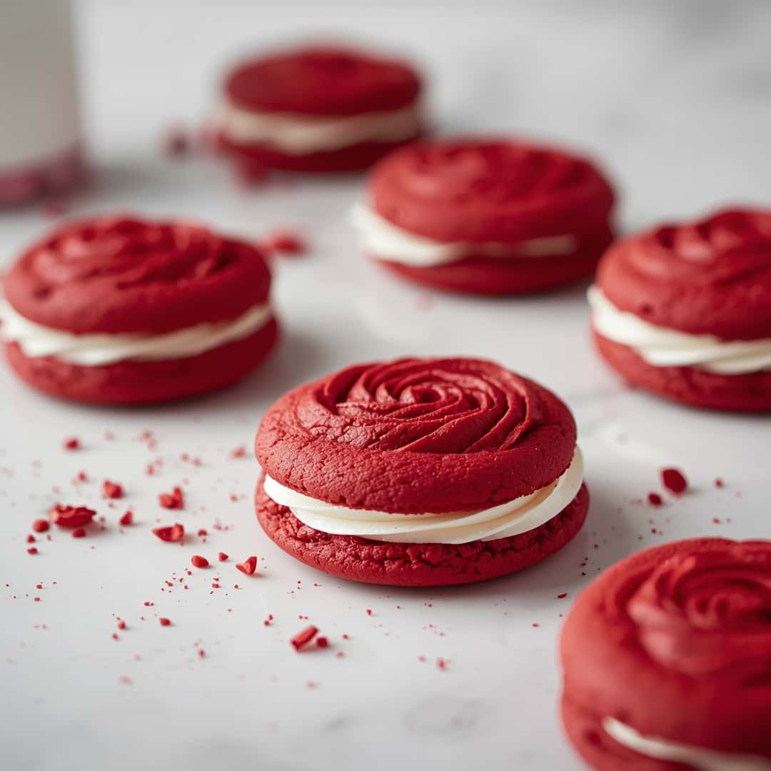 Red Velvet Rose Sandwich Cookies - delicate melt-in-your-mouth crumb with colorful sprinkles