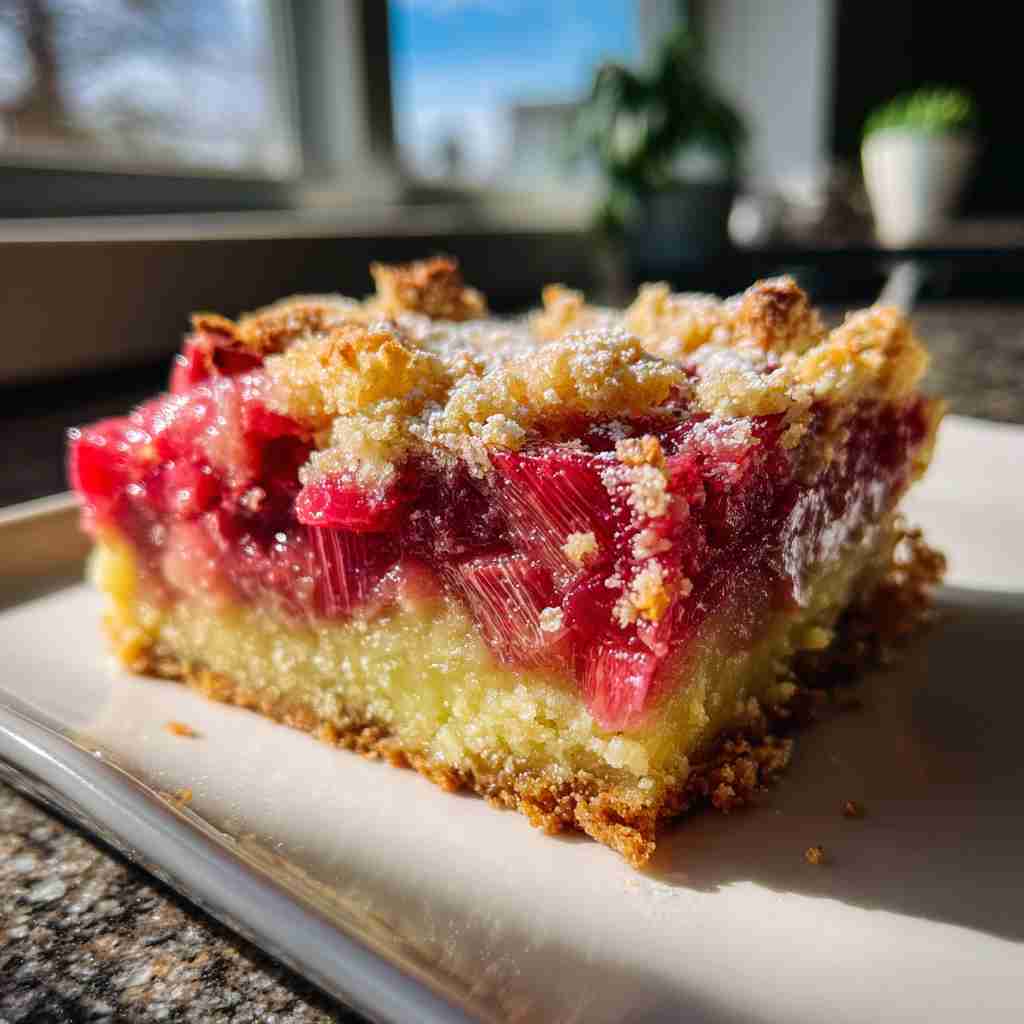 Rhubarb Dream Bars - crackly top surface and decadent chocolate interior with flake sea salt crystals