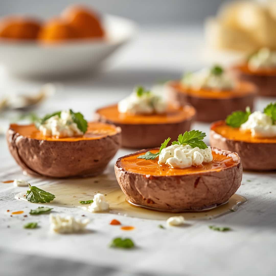 Roasted Sweet Potato Rounds Honey Feta - seared caramelized crust with juicy tender interior with chopped scallions and toasted sesame seeds
