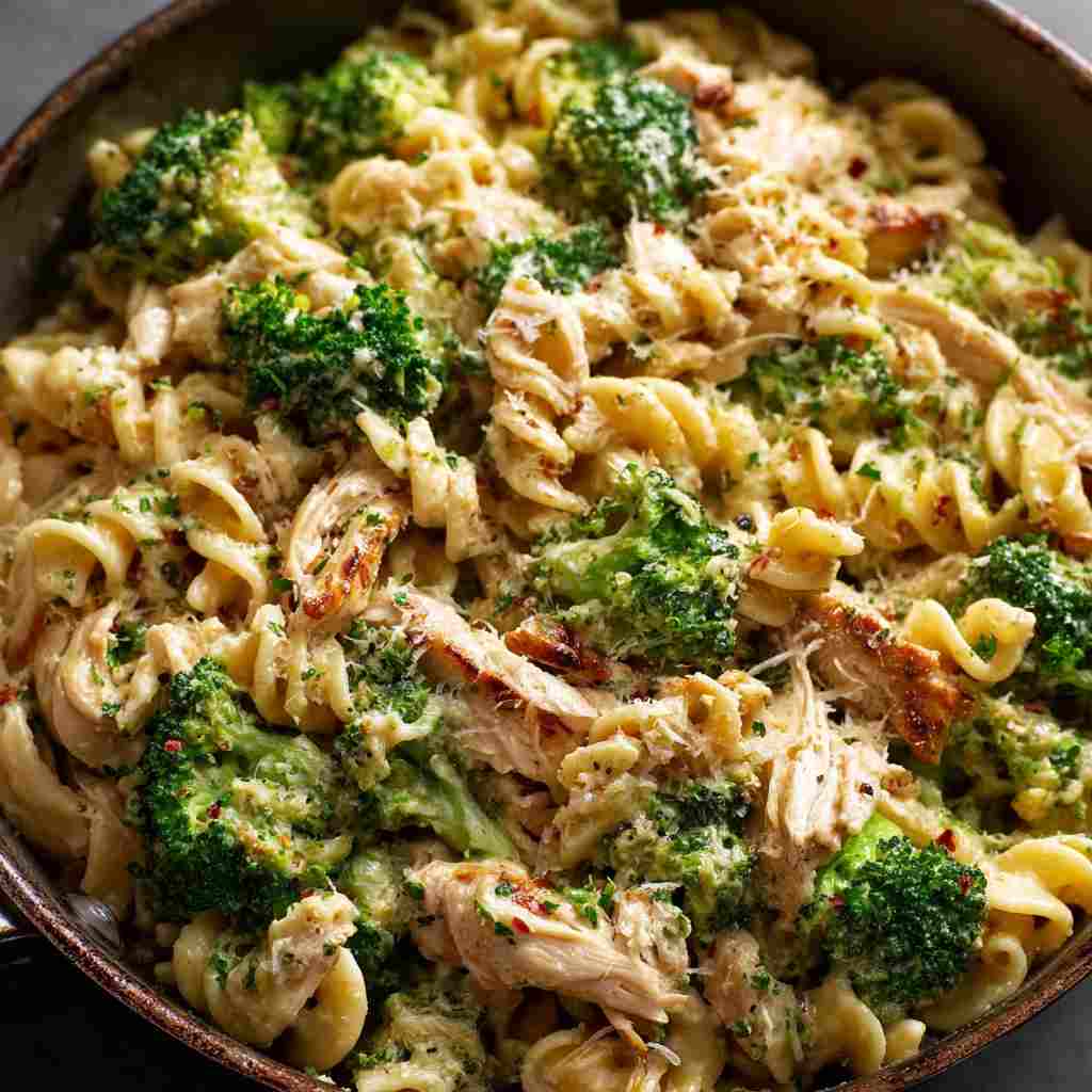 Rotisserie Chicken Broccoli Pasta - al dente pasta ribbons coated in a silky with cracked black pepper and olive oil drizzle