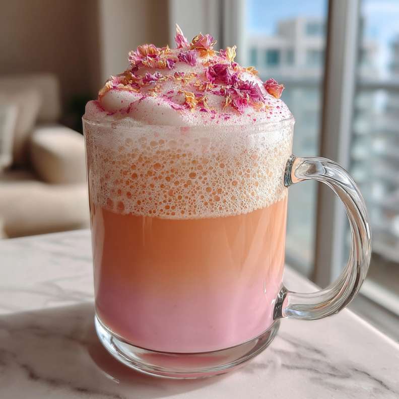 Sakura Latte - smooth creamy blended texture with rich froth with fresh sliced strawberries on the glass rim