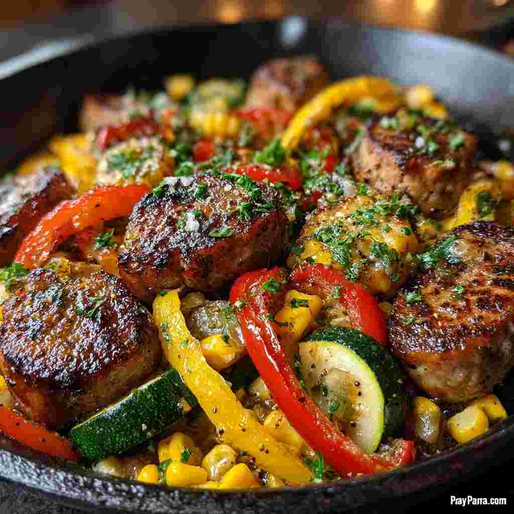 Sausage and Veggies Skillet with Bell Peppers, Zucchini, and Corn - golden sizzled finish with rich natural juices with flaky sea salt and fresh thyme