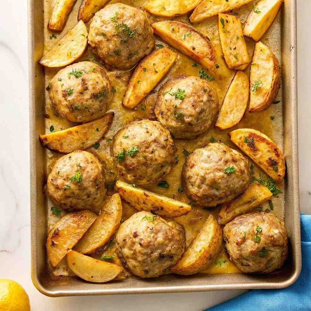 Sheet Pan Biftekia with Lemony Potato Wedges - beautifully cooked texture with balanced colors and appetizing finish with cracked black pepper and olive oil