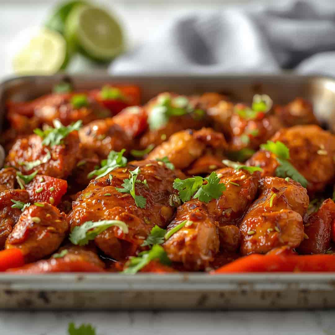 Sheet Pan Chicken Fajitas - crispy golden skin with aromatic herb seasoning with fresh thyme leaves and roasted garlic cloves