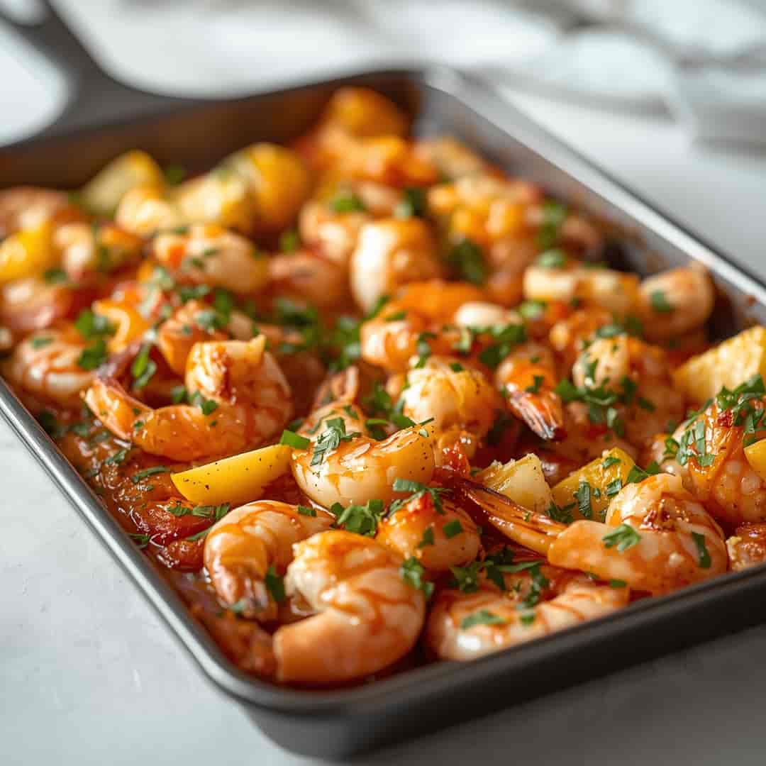 Sheet Pan Shrimp Boil - succulent pan-seared seafood with caramelized edges with fresh lemon wedges and chopped dill