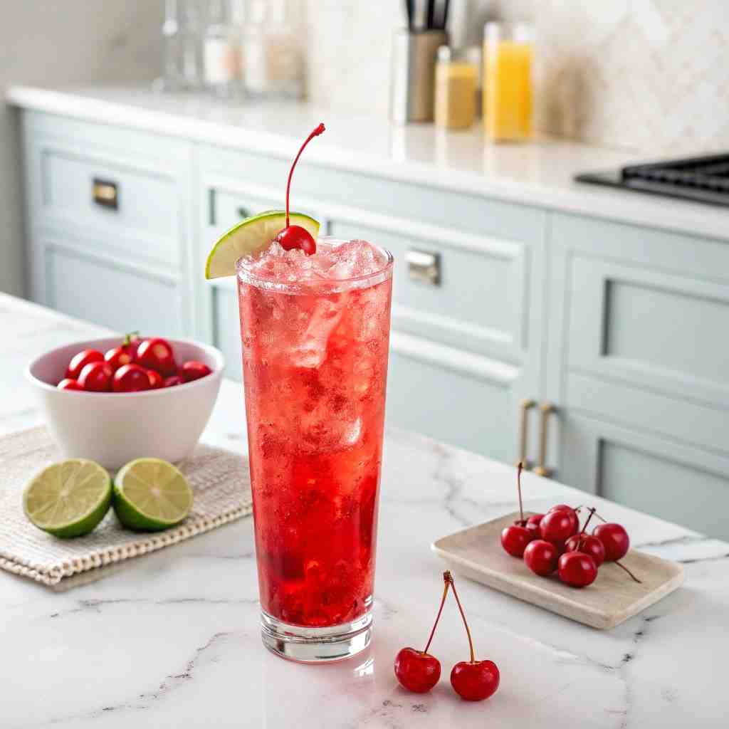 Shirley Temple Drink - smooth creamy blended texture with rich froth with fresh sliced strawberries on the glass rim