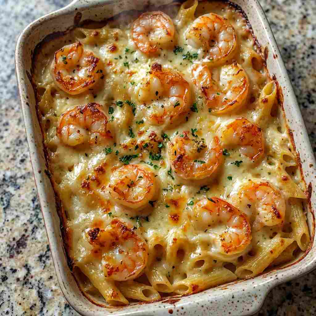 Shrimp Scampi Pasta Bake - al dente pasta ribbons coated in a silky with cracked black pepper and olive oil drizzle