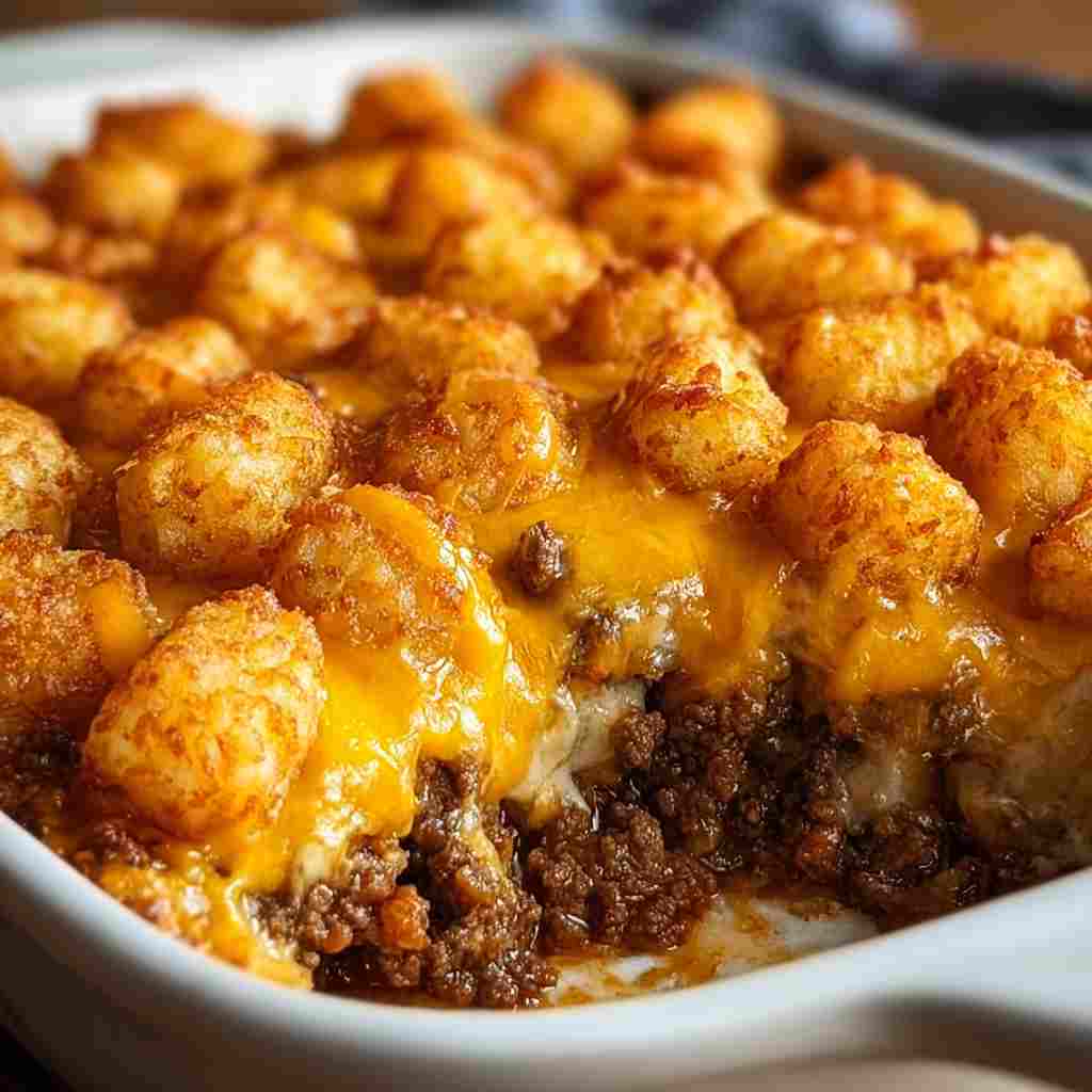 Simple Tater Tot Casserole - seasoned crunchy edges with vibrant dipping sauce with fresh cilantro leaves and sliced jalapeños