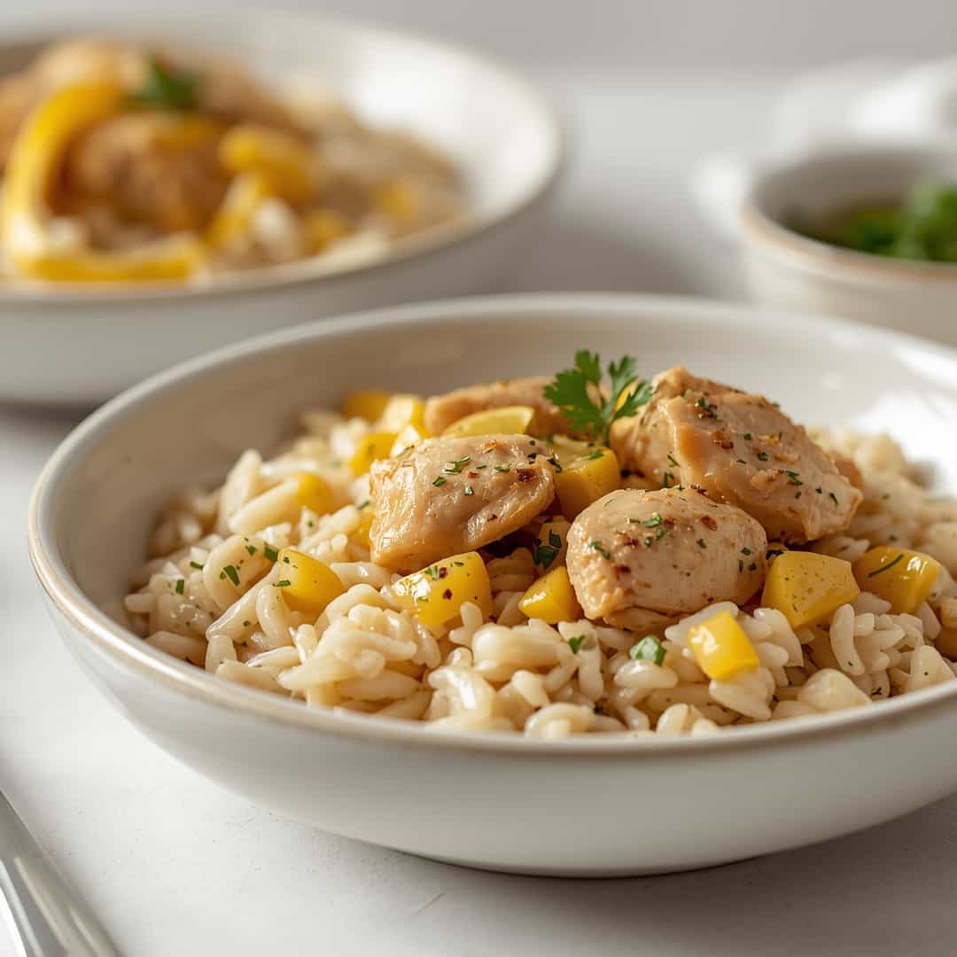 Slow Cooker Lemon Herb Chicken Rice - succulent simmered chicken smothered in rich pan sauce with fresh rosemary sprigs and pan drippings