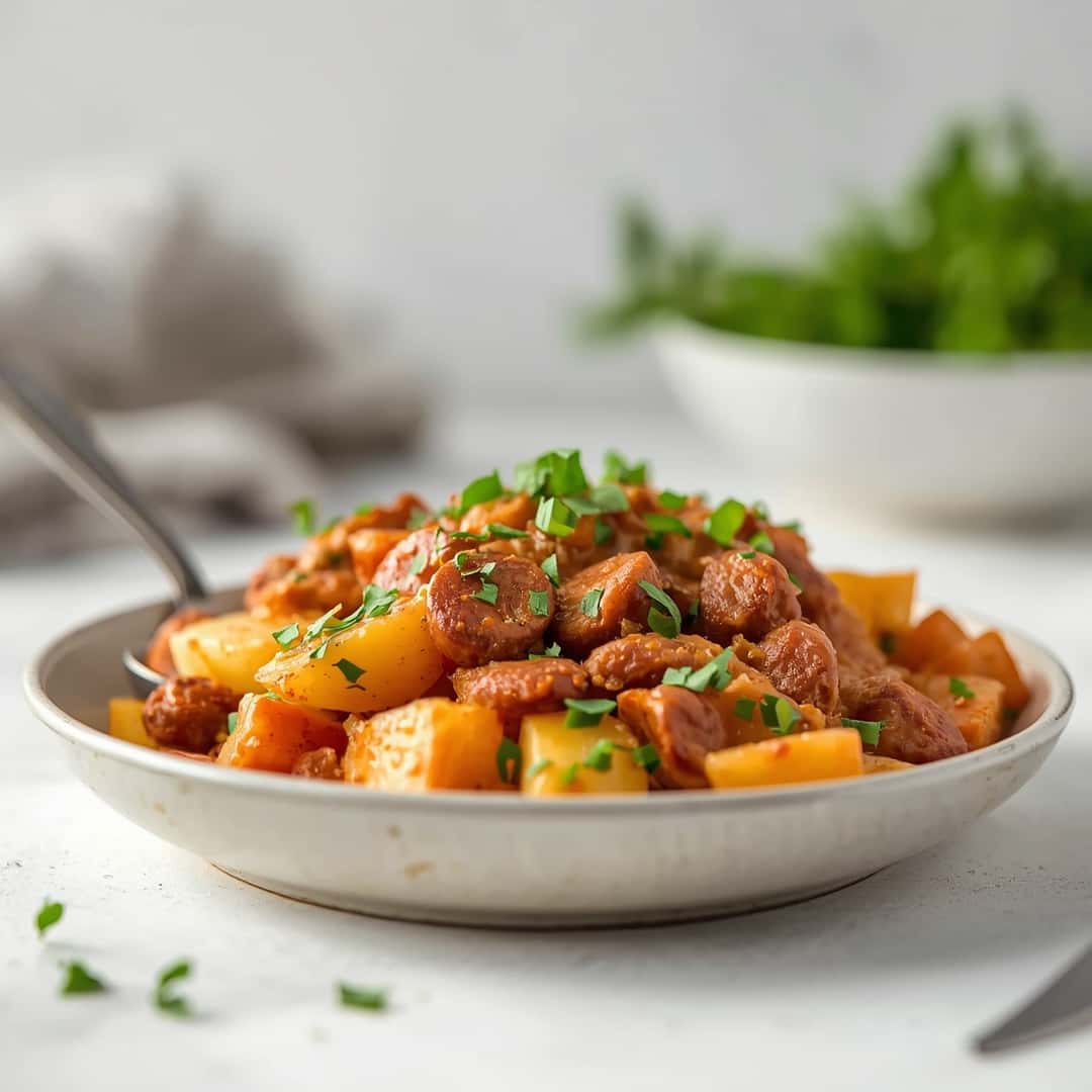 Slow Cooker Sausage Potato Casserole - seared caramelized crust with juicy tender interior with chopped scallions and toasted sesame seeds
