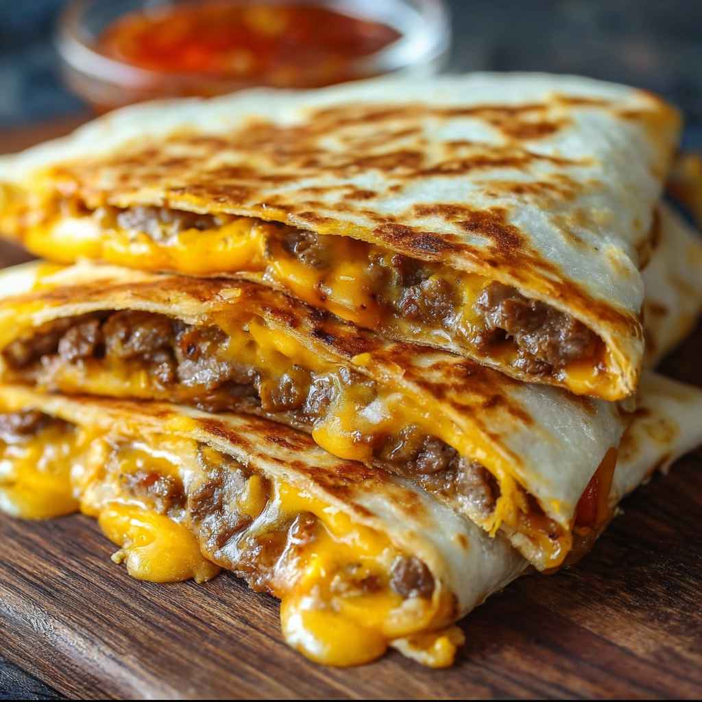 Smashburger Quesadillas Recipe - seared caramelized crust with juicy tender interior with chopped scallions and toasted sesame seeds