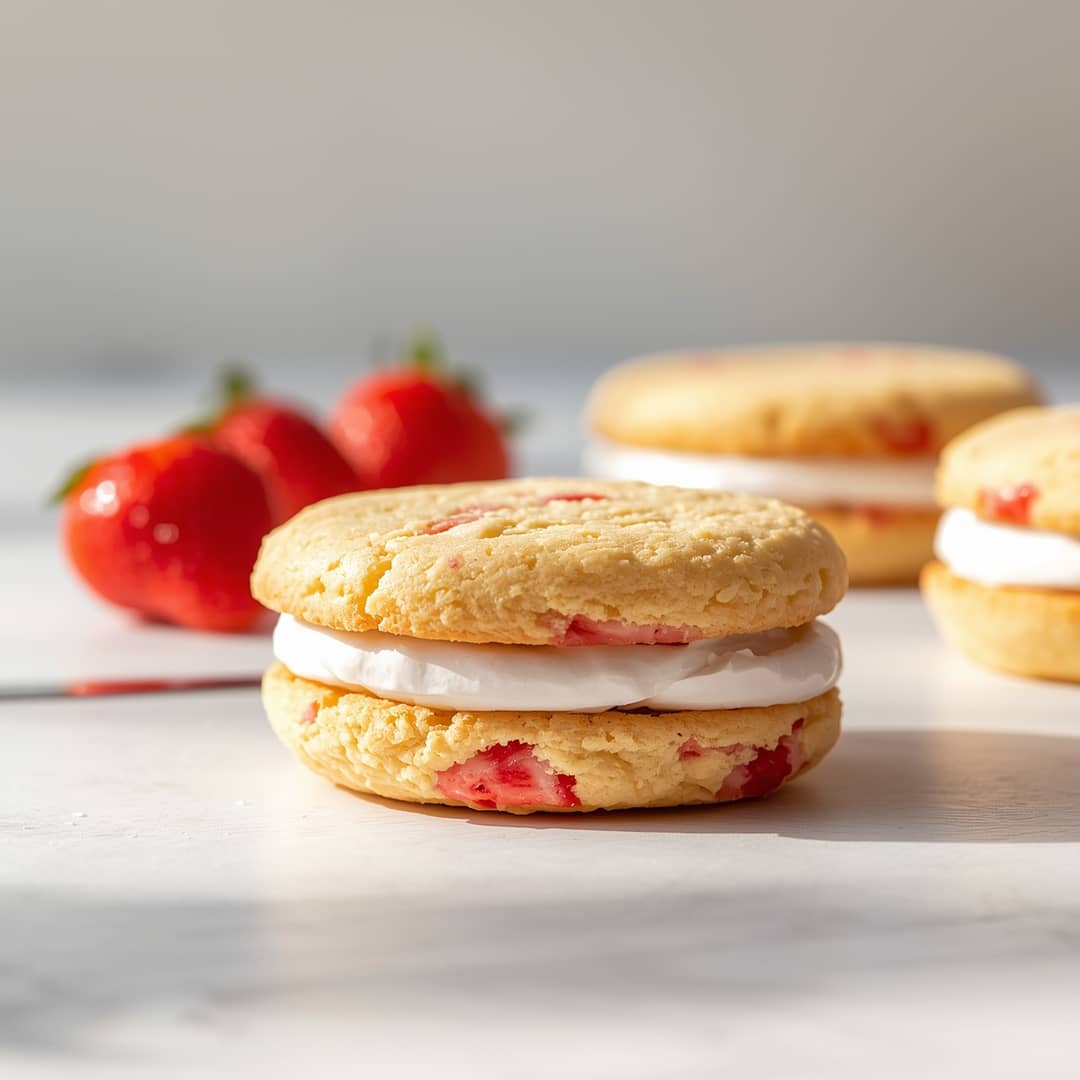 Soft Strawberry Cake Mix Sandwich Cookies - moist with a dollop of whipped topping