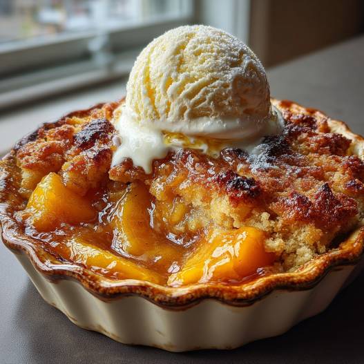 SOUTHERN PEACH COBBLER - moist with a dollop of whipped topping