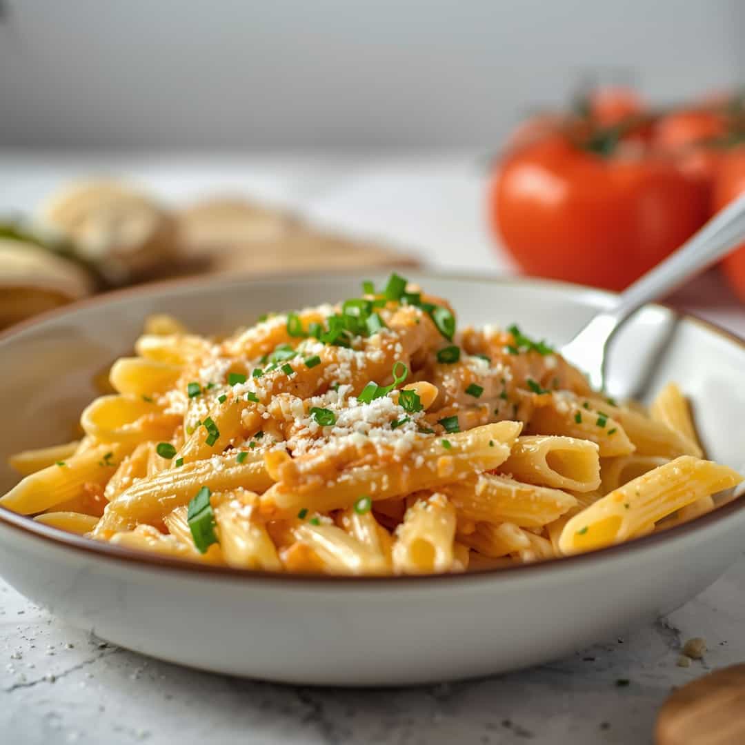 Southwest Alfredo Penne Pasta - golden baked melted cheese crust with saucy edges with freshly grated Parmigiano-Reggiano and torn basil