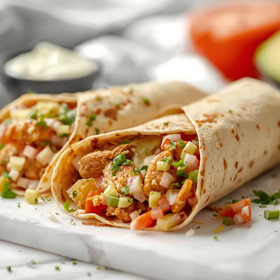 Southwest Chicken Wrap - crispy golden skin with aromatic herb seasoning with fresh thyme leaves and roasted garlic cloves