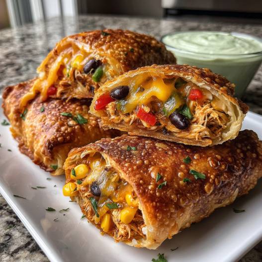 Southwest Egg Rolls - smooth creamy dipping consistency with baked bubbly top with chopped parsley and grated cheese
