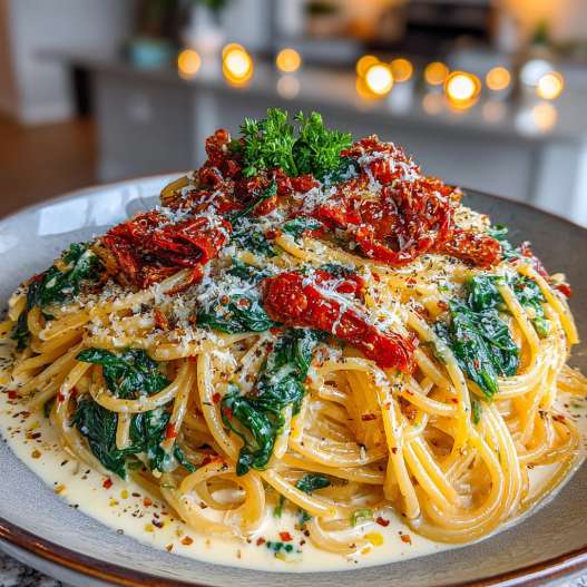 Spaghetti & Spinach with Sun-Dried Tomato Cream Sauce - golden baked melted cheese crust with saucy edges with freshly grated Parmigiano-Reggiano and torn basil