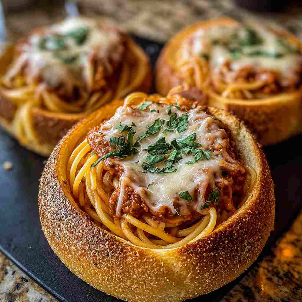 Spaghetti Garlic Bread Bowls - tender with a light drizzle of sweet glaze