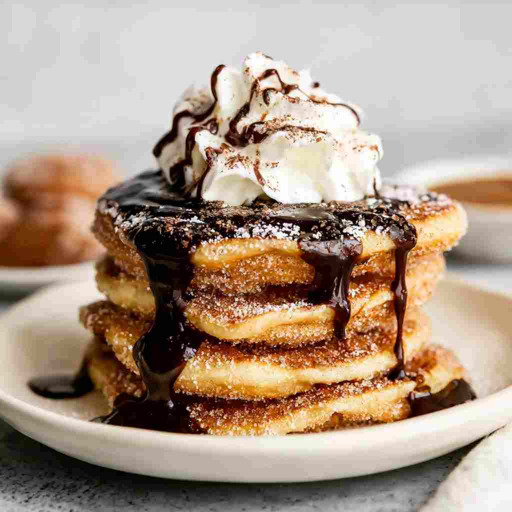 Spanish Churro Pancakes Recipe - moist with a dollop of whipped topping