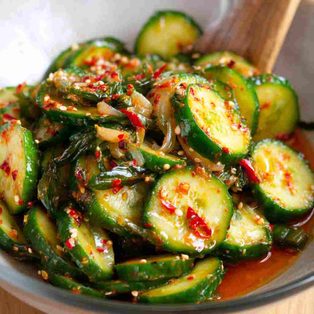 Spicy Cucumber Salad Recipe - colorful crunchy medley with radiant fresh textures with a light drizzle of vinaigrette