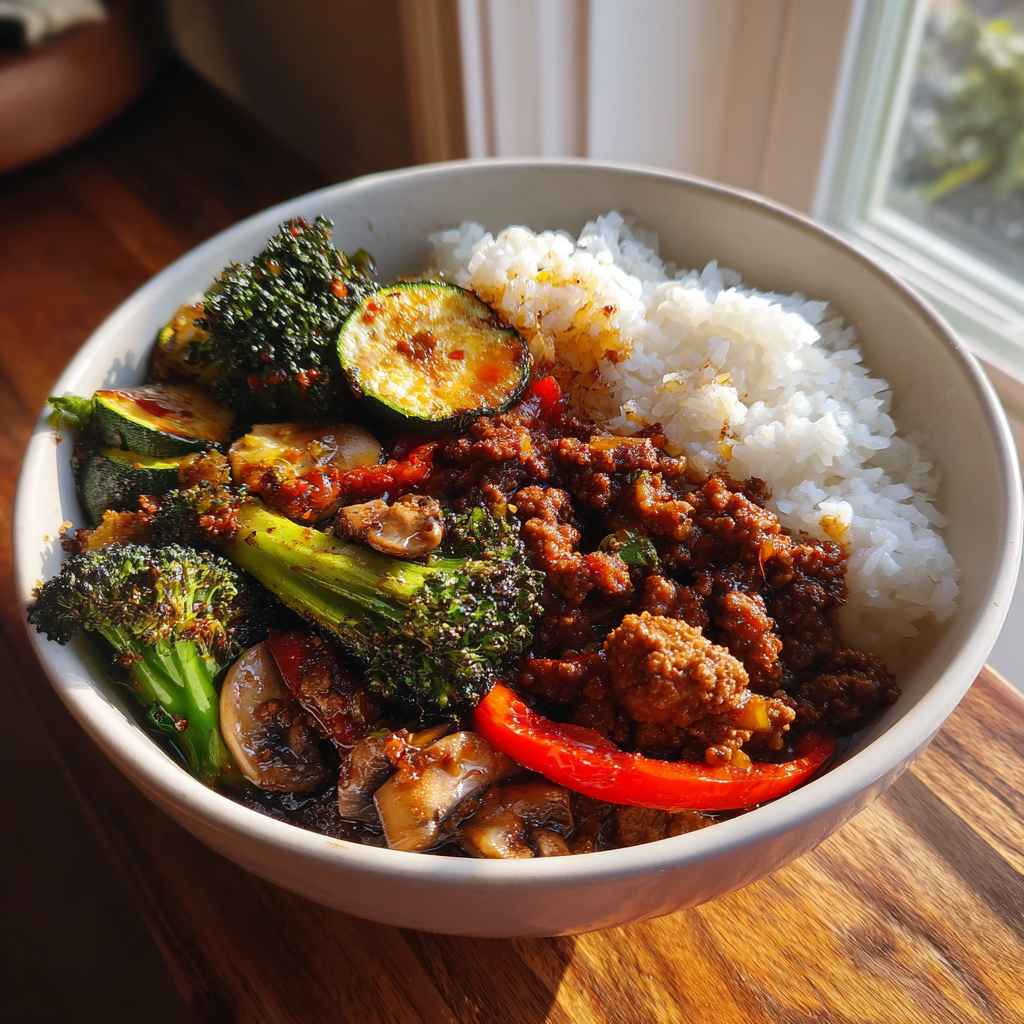 Spicy Ground Beef Stir-Fry - golden sizzled finish with rich natural juices with flaky sea salt and fresh thyme