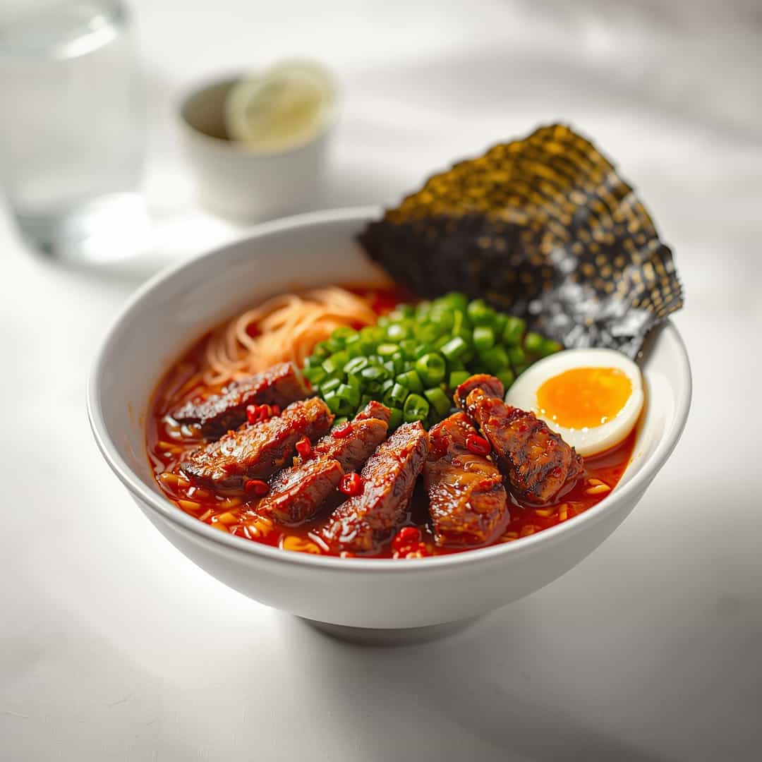 Spicy Korean Ramen Grilled Beef - seared caramelized crust with juicy tender interior with chopped scallions and toasted sesame seeds