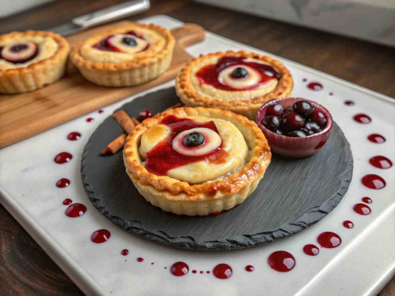 Spooky Cherry Eyeball Pies - rich velvety layer with crisp golden edges with a delicate dusting of powdered sugar