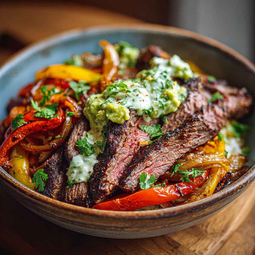 Steak Fajita Bowl Recipe - colorful crunchy medley with radiant fresh textures with toasted seeds and crumbled cheese