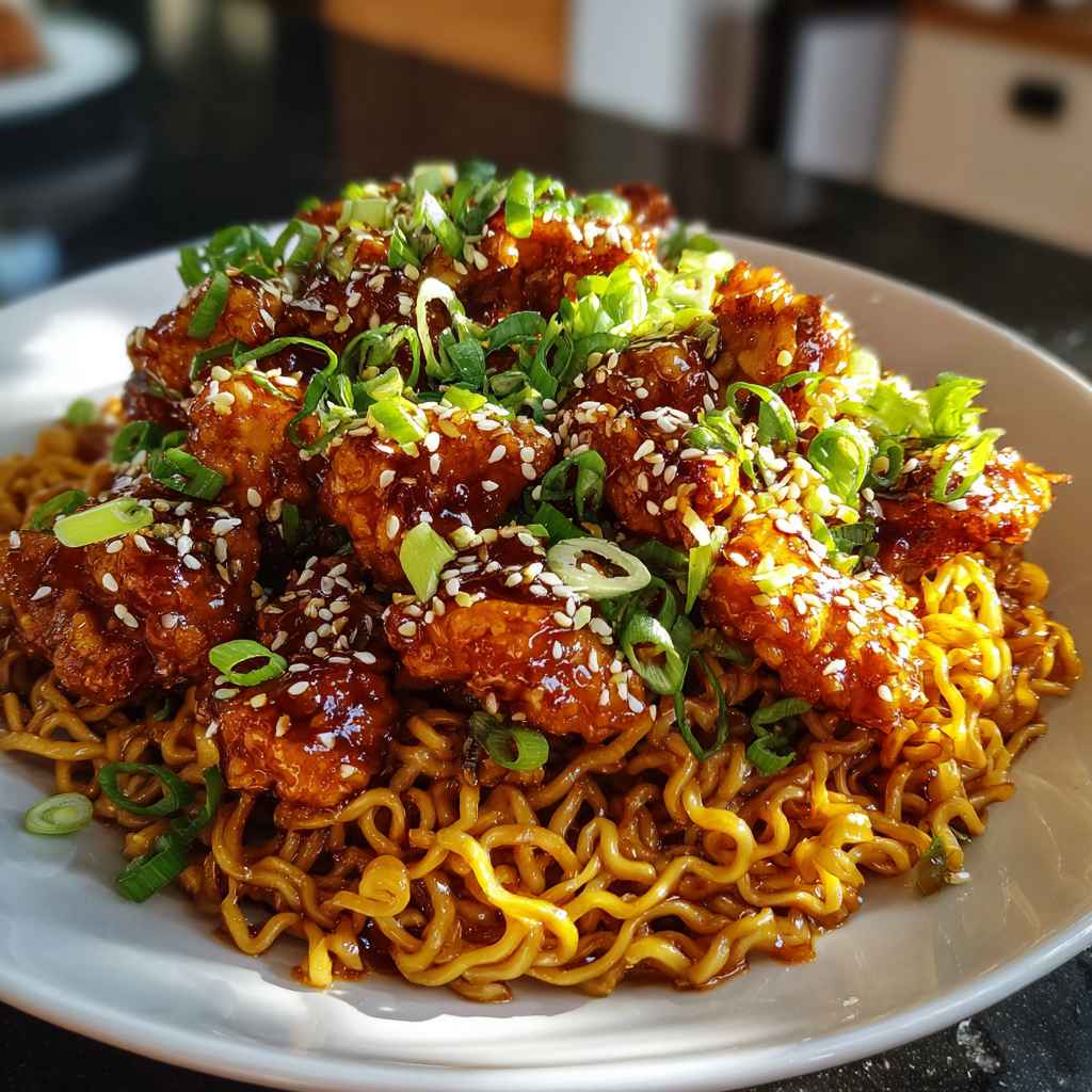 Sticky Garlic Chicken Noodles - tender pasta pockets smothered in rich flavorful sauce with chopped flat-leaf parsley and red pepper flakes