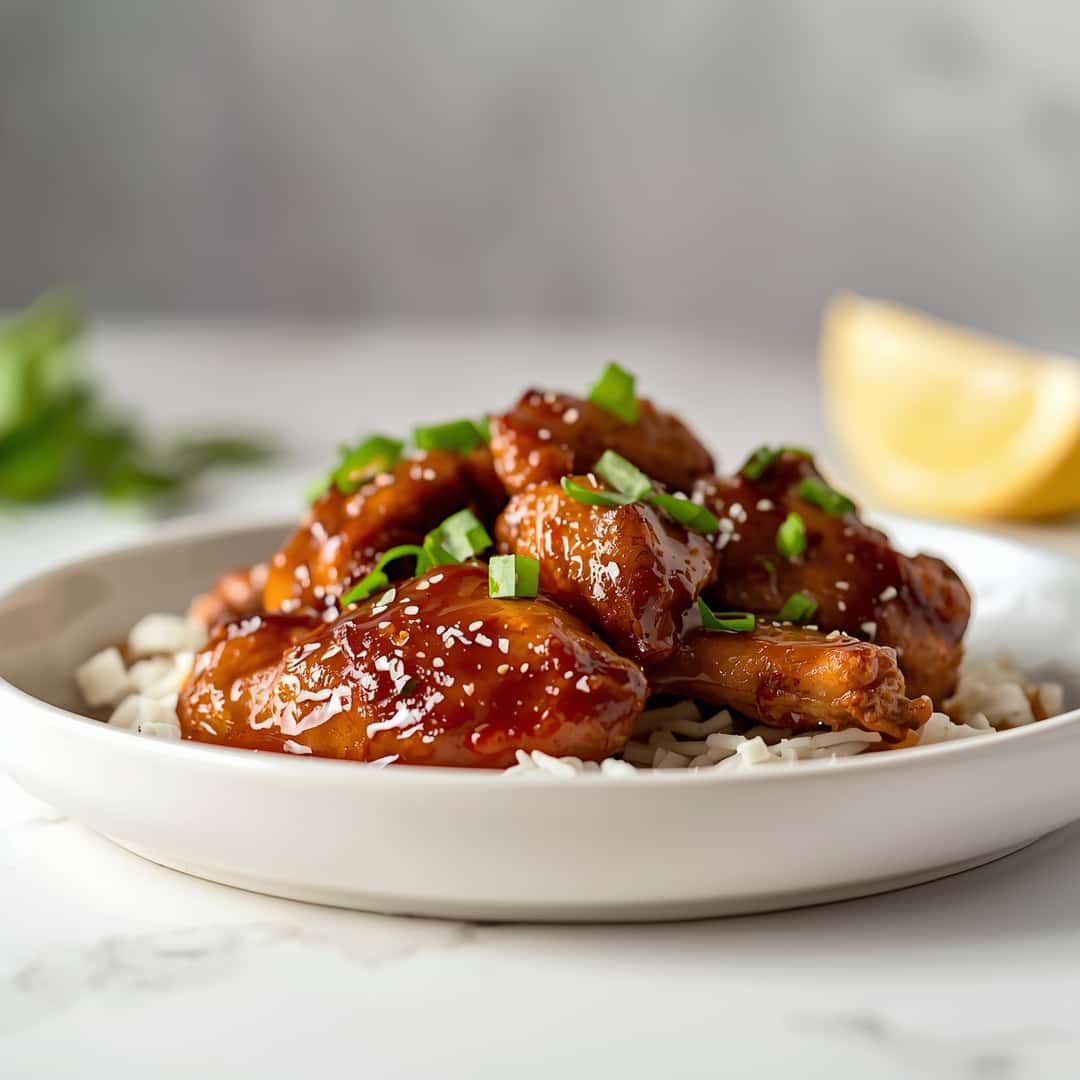 Sticky Honey Chicken - tender with chopped chives and lemon slices