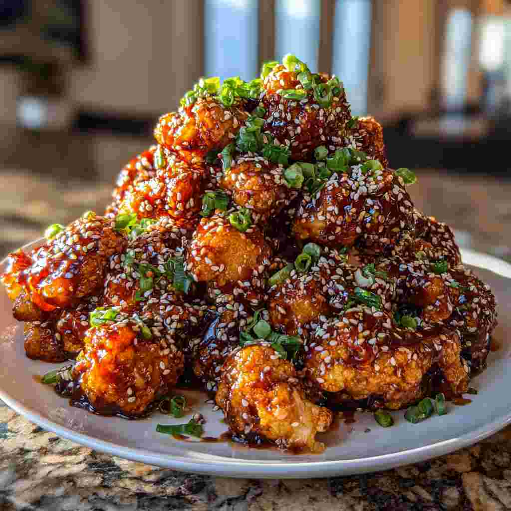 Sticky Honey Garlic Cauliflower - seasoned crunchy edges with vibrant dipping sauce with fresh cilantro leaves and sliced jalapeños