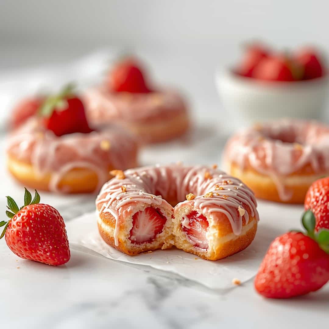 Strawberry Baked Donuts - beautifully cooked texture with balanced colors and appetizing finish with cracked black pepper and olive oil