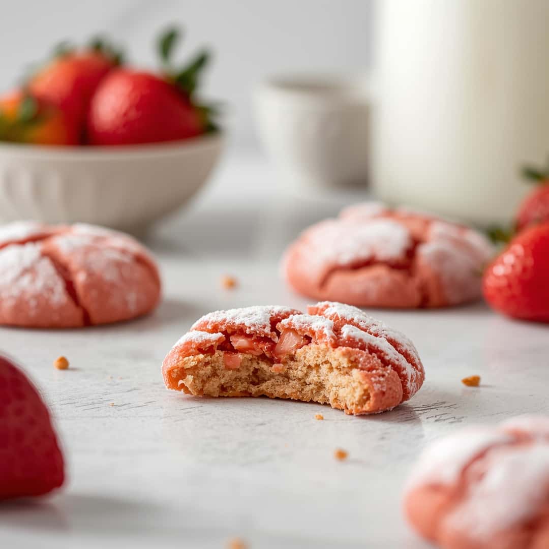 Strawberry Cake Mix Crinkle Cookies - delicate flaky crust with warm caramelized edges with fresh garden berries and mint