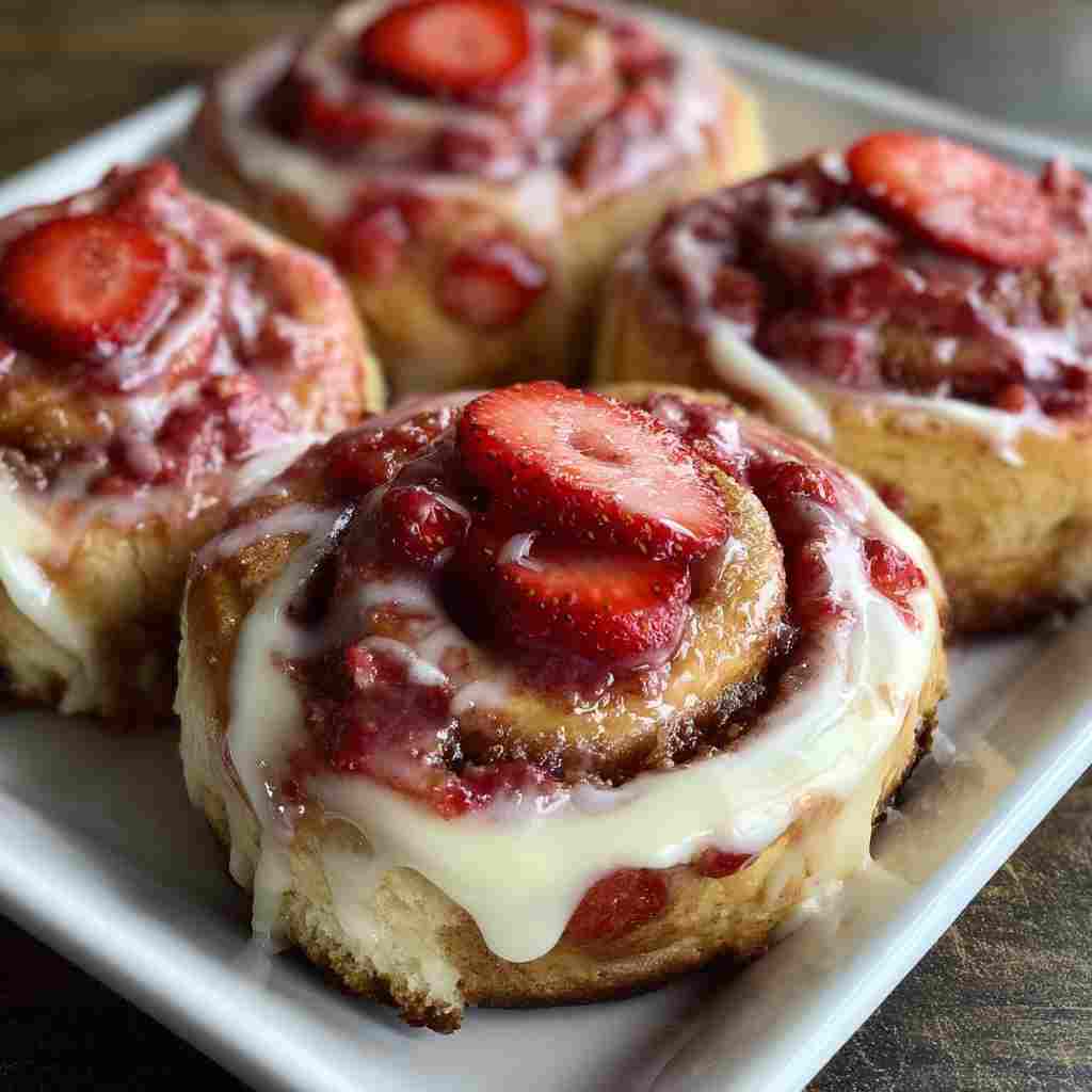 Strawberry Cheesecake Cinnabon Rolls - rich velvety layer with crisp golden edges with a delicate dusting of powdered sugar