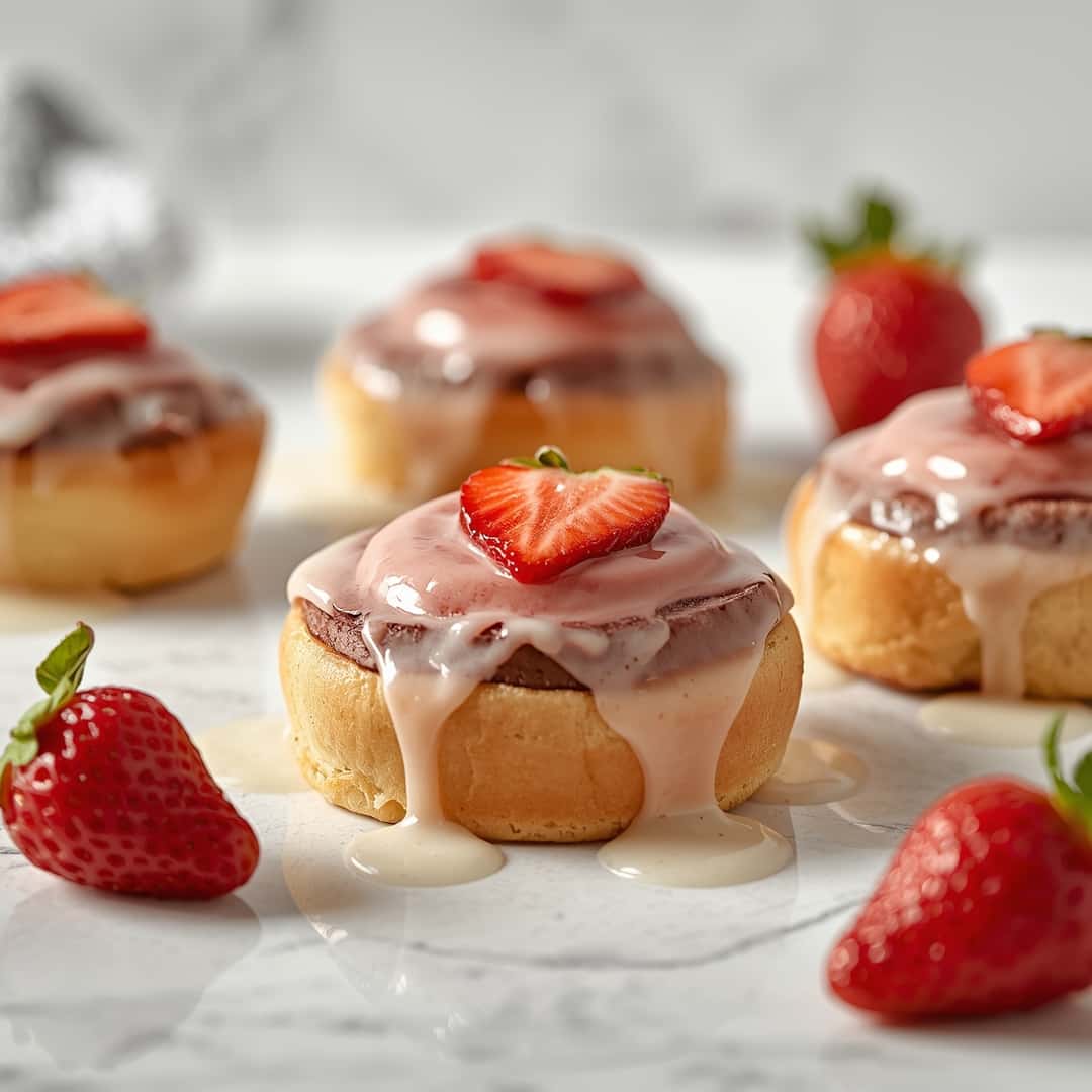 Strawberry Cinnamon Rolls - crispy golden exterior with warm flavorful filling with toasted sesame seeds and dipping bowl
