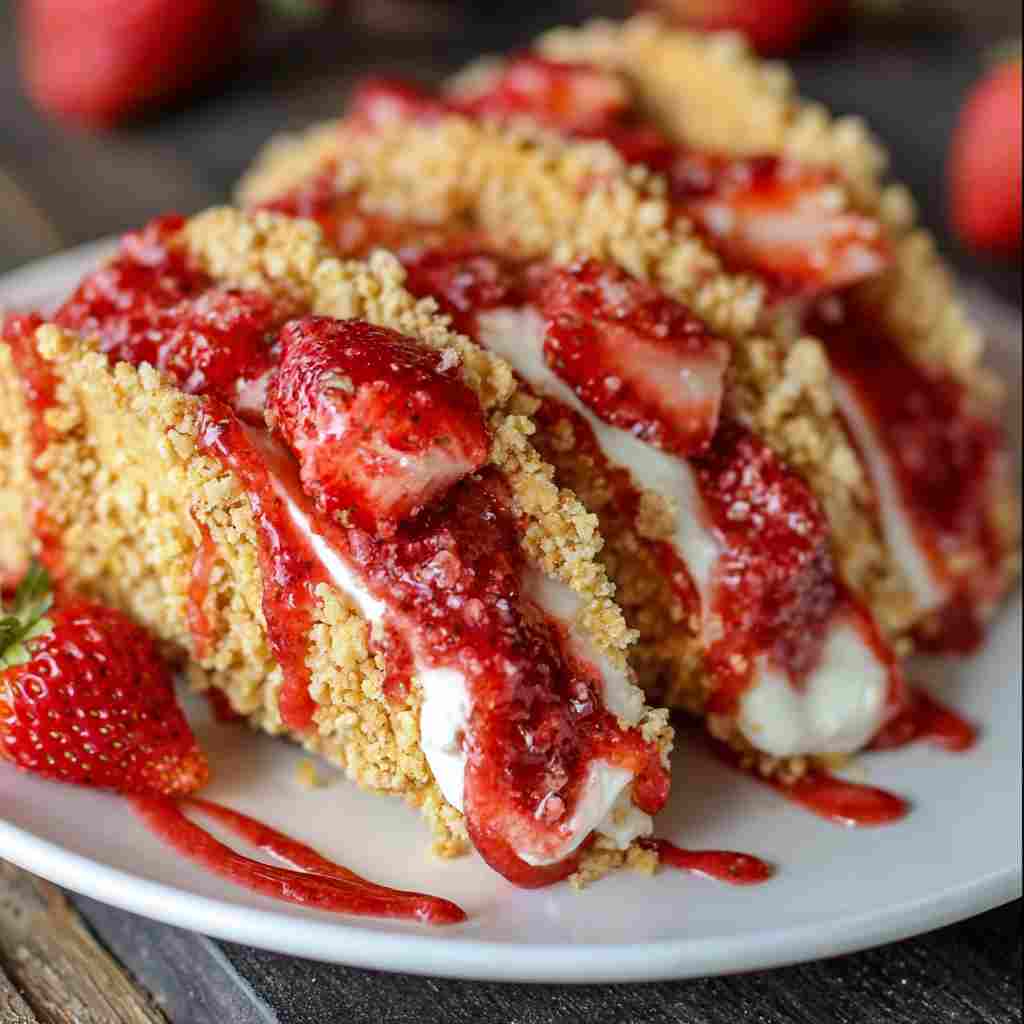 Strawberry Crunch Cheesecake Tacos - rich velvety layer with crisp golden edges with a delicate dusting of powdered sugar