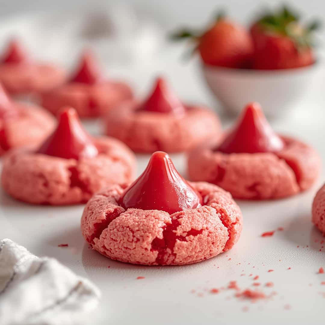 Strawberry Kiss Cookies Recipe - chewy soft-baked center and crisp edges with drizzled melted chocolate