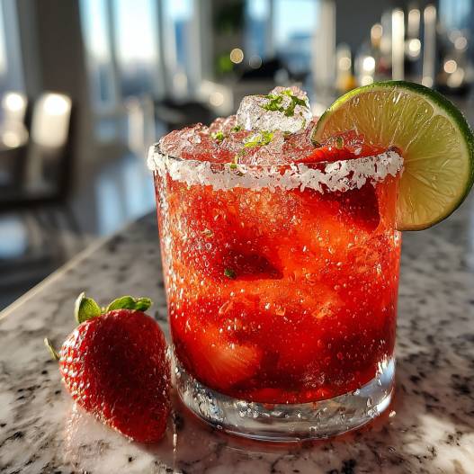 Strawberry Lime Mocktail Margarita - effervescent bubbling finish over clear ice cubes with a delicate sugared rim and berry skewer