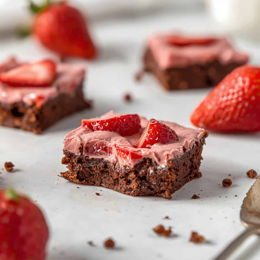 Strawberry Sweetheart Brownies - crackly top surface and decadent chocolate interior with flake sea salt crystals