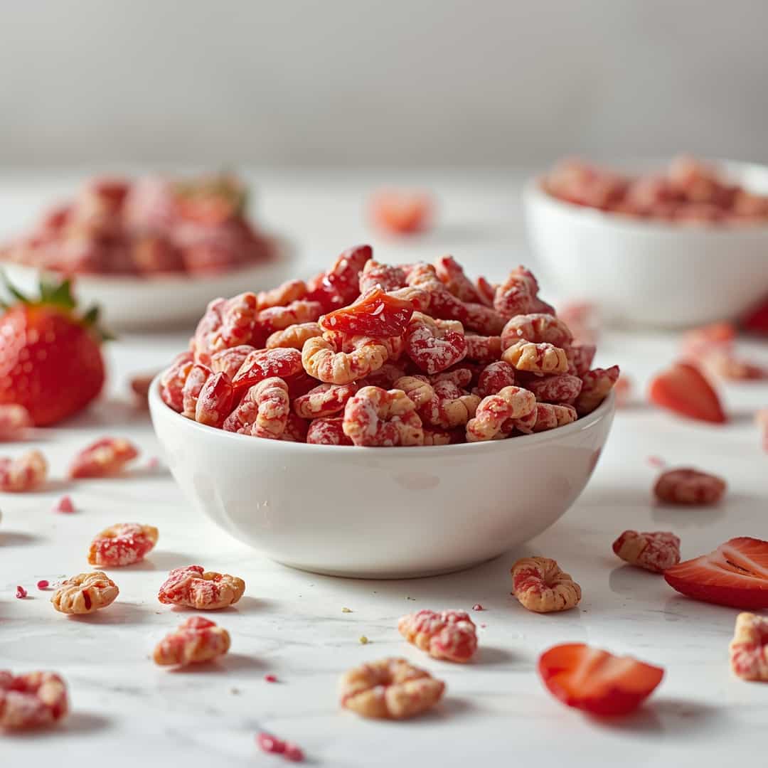 Strawberry Valentine's Chex Mix - beautifully cooked texture with balanced colors and appetizing finish with cracked black pepper and olive oil