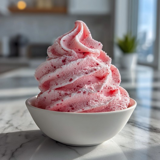 Strawberry Whip Recipe - smooth creamy blended texture with rich froth with a delicate sugared rim and berry skewer