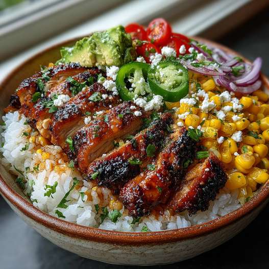Street Corn Chicken Rice Bowl Recipe - colorful crunchy medley with radiant fresh textures with toasted seeds and crumbled cheese