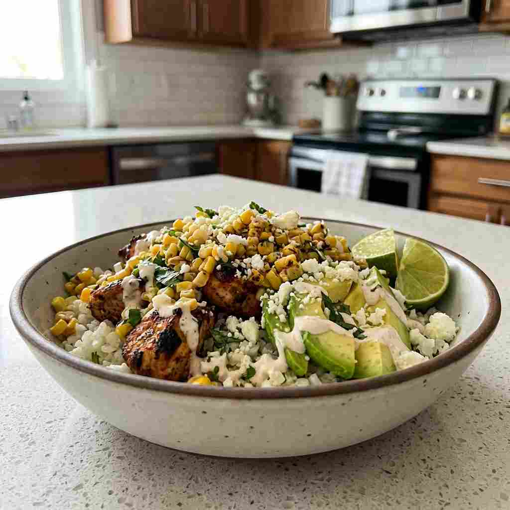 Street Corn Chicken Rice Bowl - crisp garden greens with shaved radishes and fresh herbs