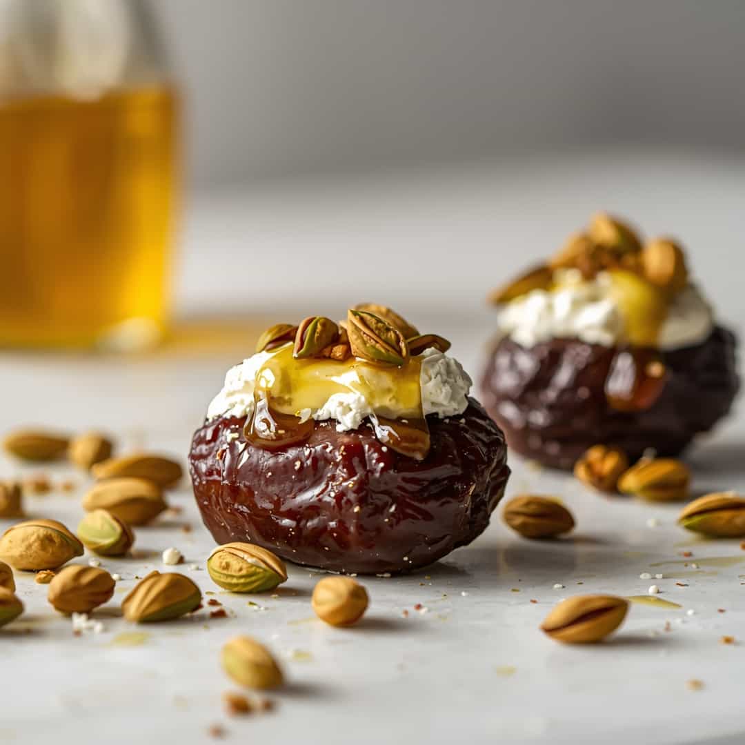 Stuffed Dates Cream Cheese Pistachios Honey - homemade dish showcasing wholesome fresh ingredients with microgreens and lemon zest