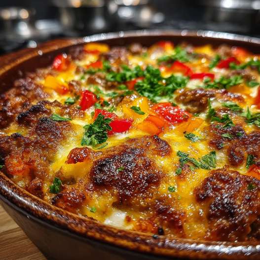 Stuffed Pepper Casserole - beautifully cooked texture with balanced colors and appetizing finish with cracked black pepper and olive oil