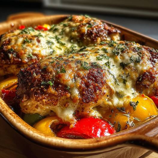 SUMMER CHICKEN BAKE with Bell Peppers, Cajun seasoning, Cream Cheese, and Cheddar - crispy golden skin with aromatic herb seasoning with fresh thyme leaves and roasted garlic cloves