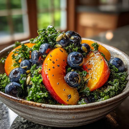 Summer Peach Blueberry Kale Salad - delicate fresh leaves tossed with vibrant seasonal toppings with fresh cracked pepper and lemon wedges