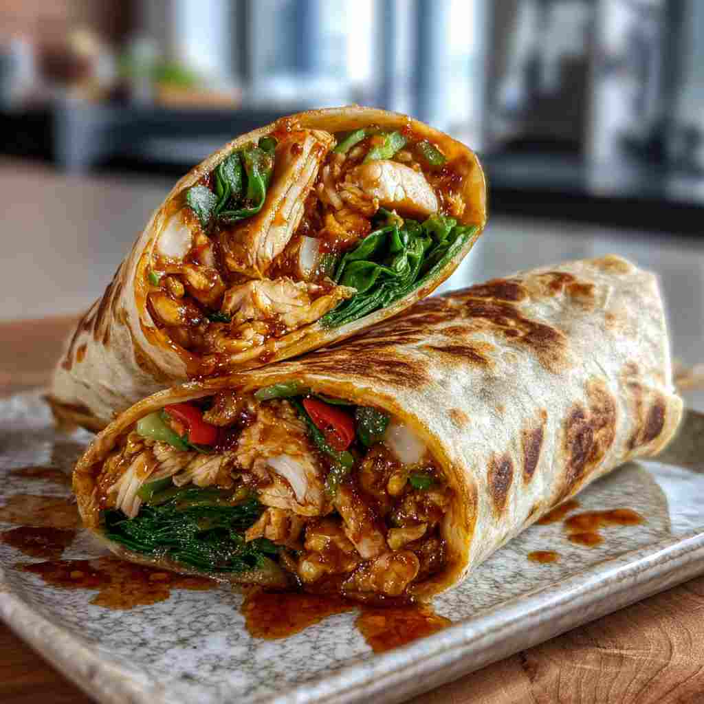 Sweet Chili Chicken Wraps - steaming with a swirl of cream and cracked black pepper