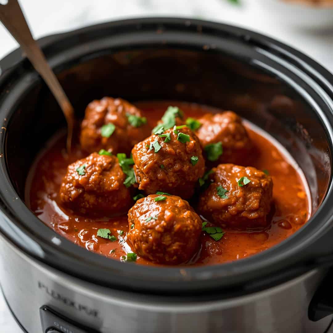 Sweet Chili Meatballs Crockpot - thick with thinly sliced fresh scallions